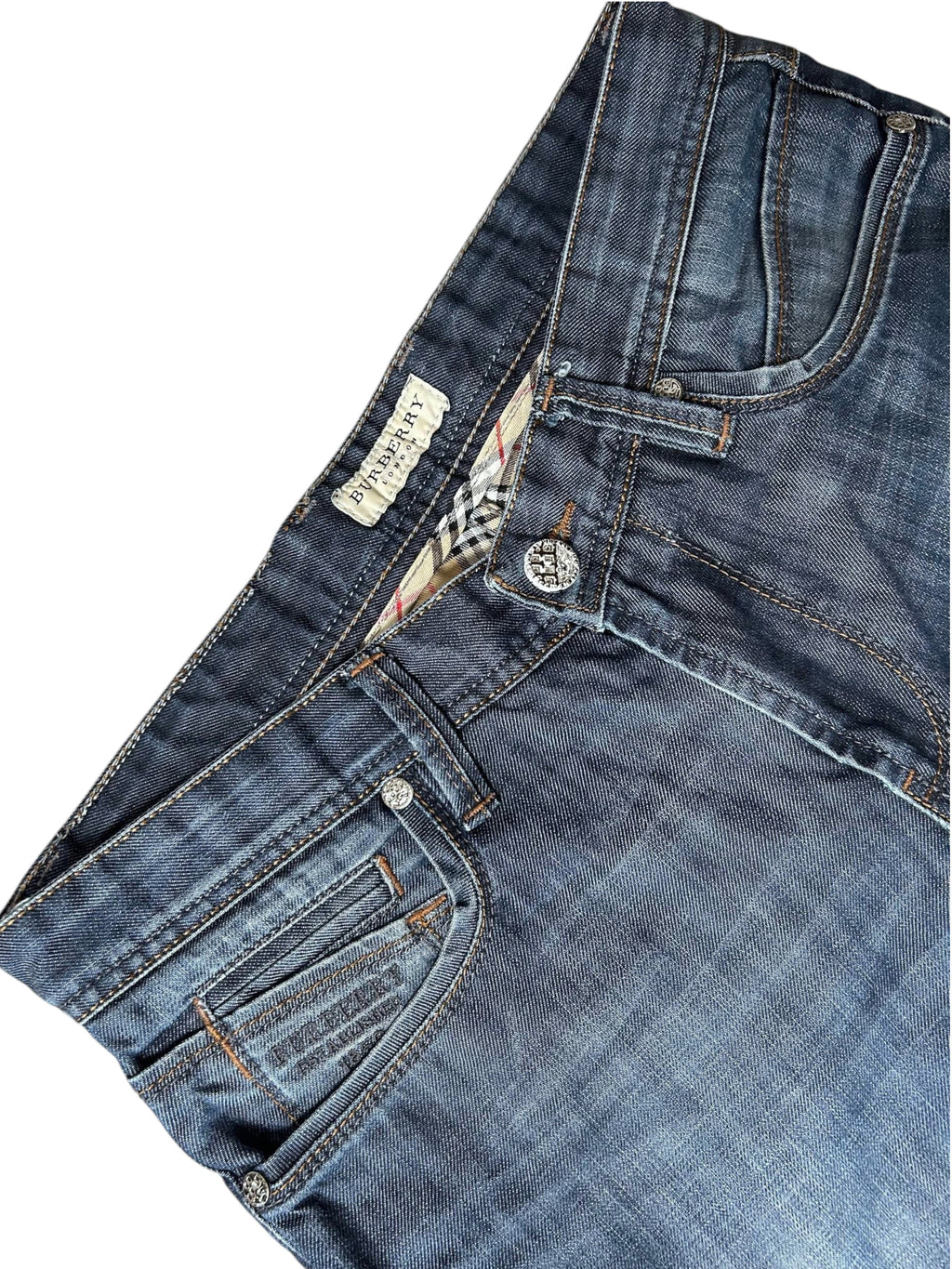 Burberry London Jeans Detail Nova Check Tartan-Innenfutter silberner Ritter-Knopf Burberry London Label
