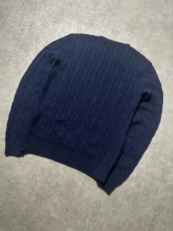 Vintage Ralph Lauren Zopfmuster Strickpullover Marineblau Weiß Pony Logo – M – Detailansicht