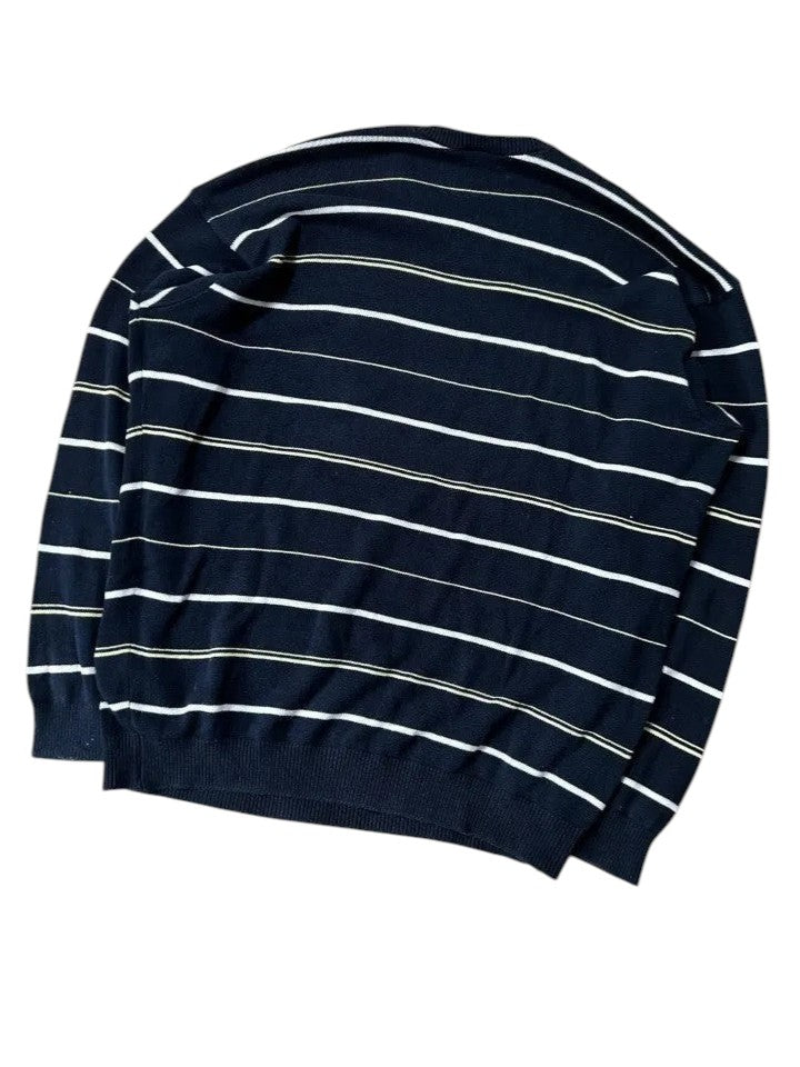 Vintage Lacoste Strickpullover Marineblau Gelb/Weiß Streifen – L – Detailansicht