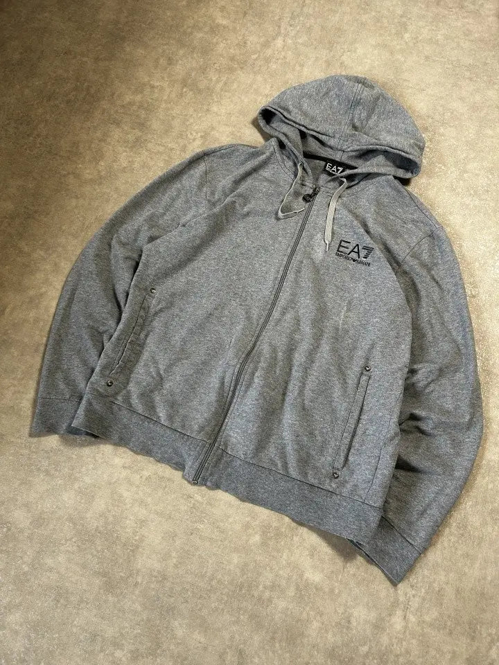 Vintage EA7 Emporio Armani Zip Hoodie Grau – Minimales Logo | Größe XL (Passt M–L)