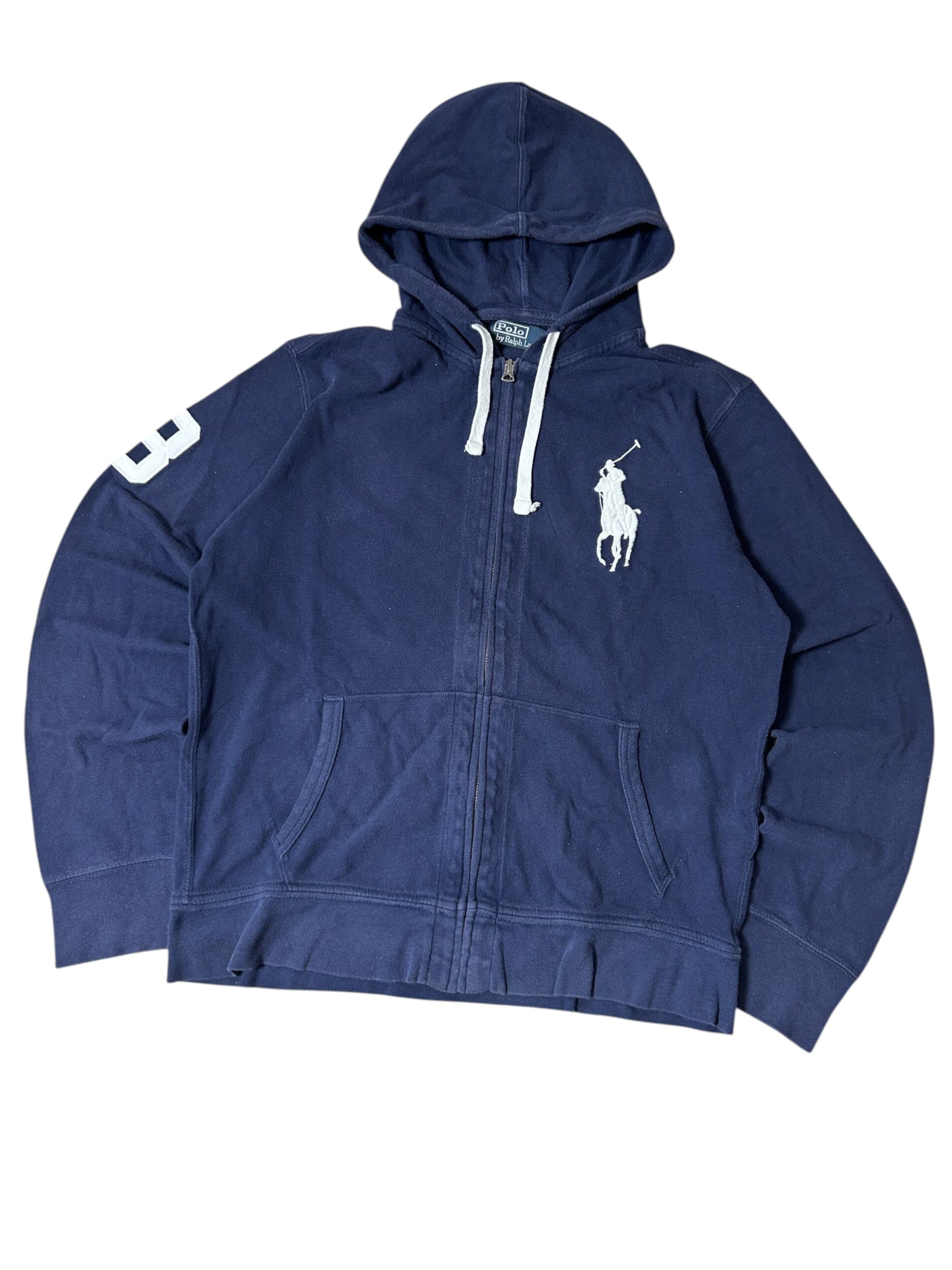 Vintage Polo Ralph Lauren Herren Big Pony Zip Hoodie Vollreißverschluss Marineblau Sommergewicht