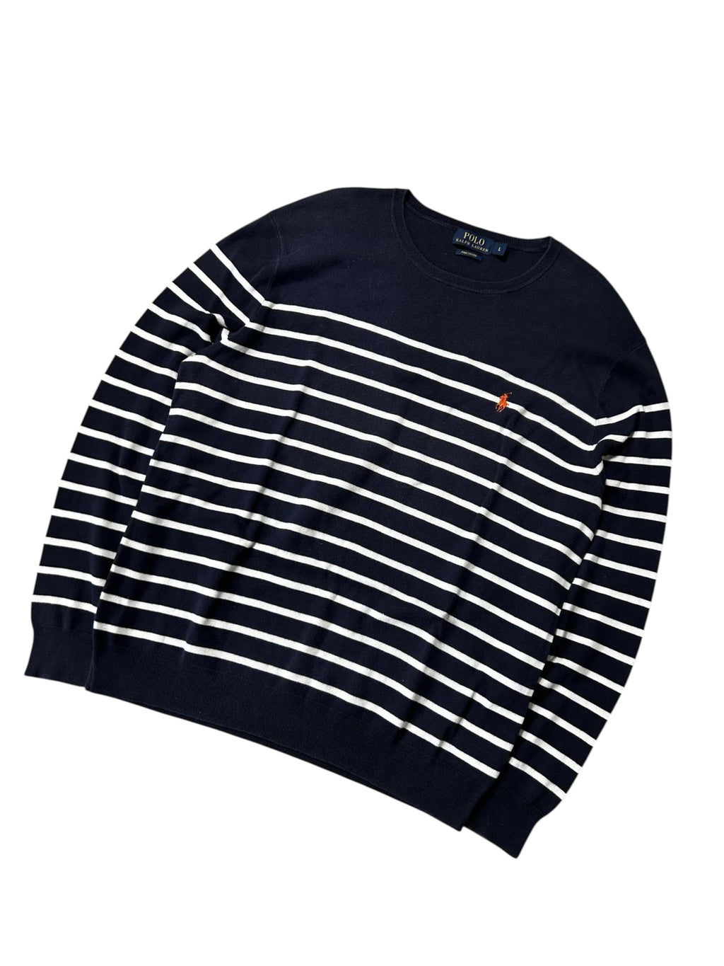 Vintage Ralph Lauren Leichter Pullover Marineblau Weiß Streifen – L