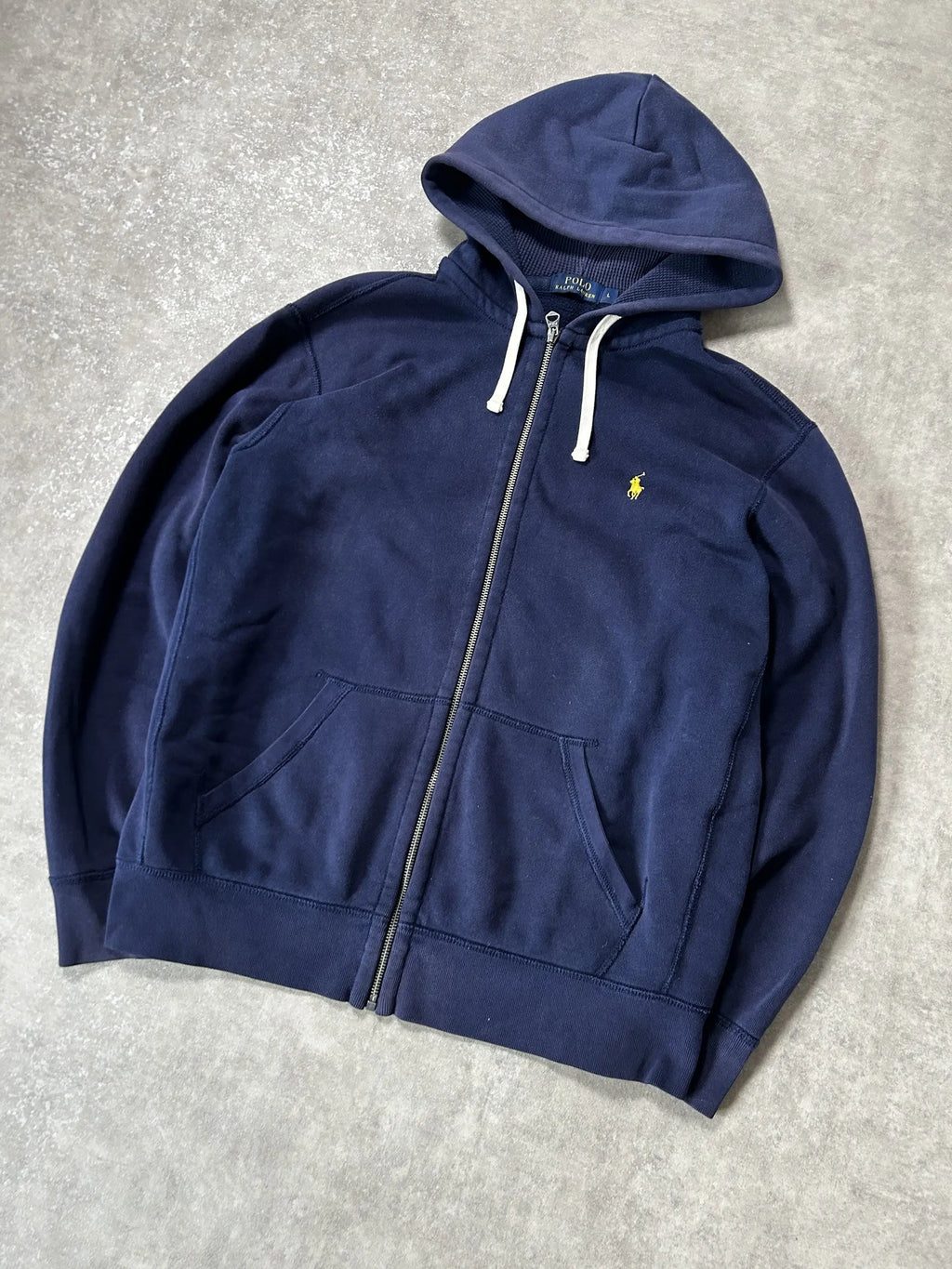 Vintage Ralph Lauren Durchgehender Reißverschluss Hoodie Marineblau Gelb Pony – L