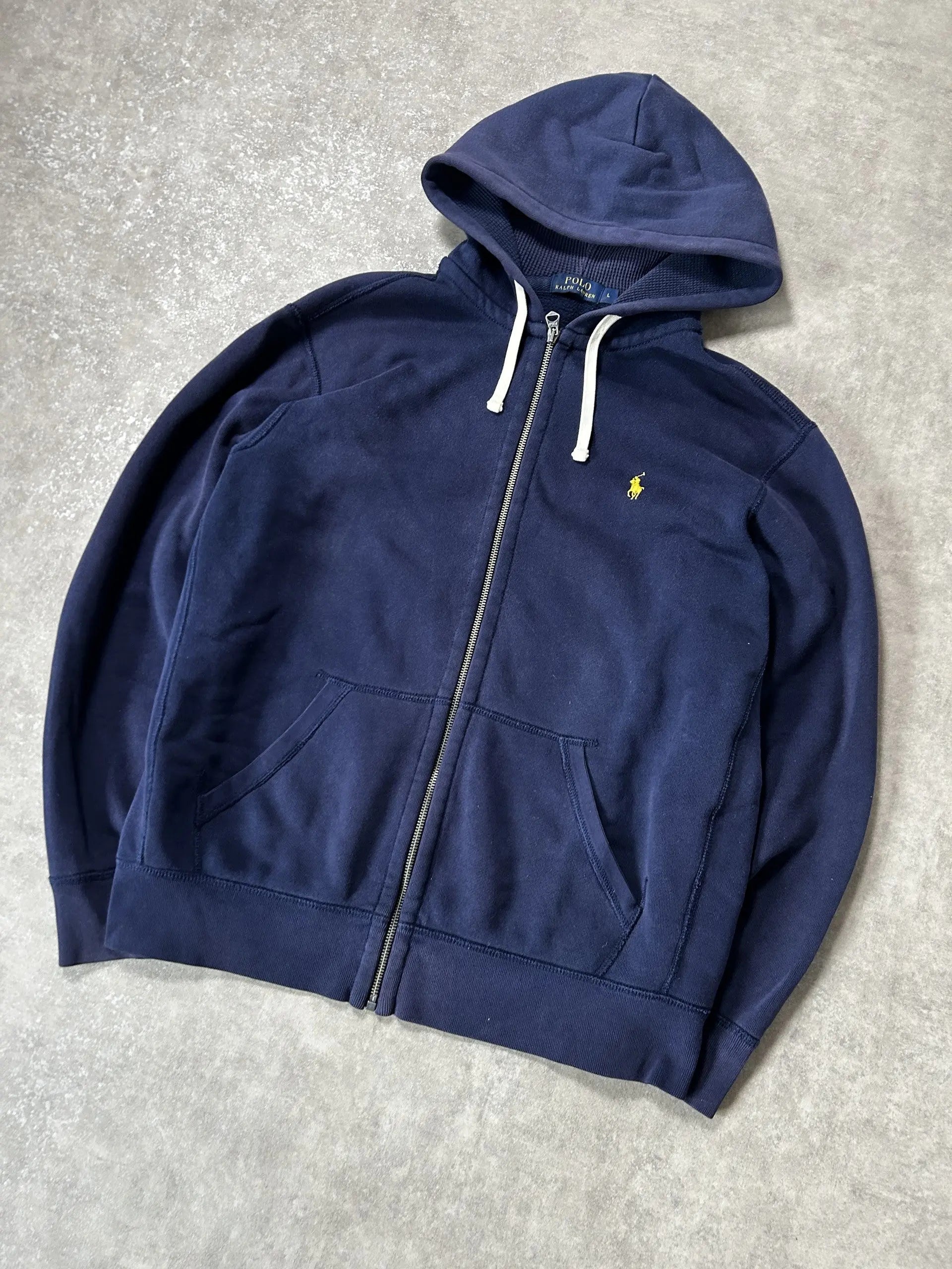 Vintage Ralph Lauren Durchgehender Reißverschluss Hoodie Marineblau Gelb Pony – L