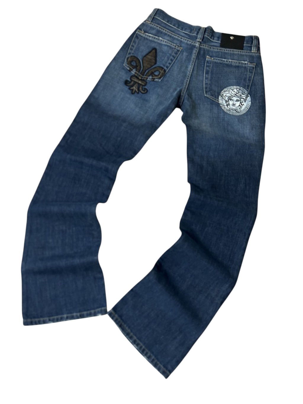 Vintage Versace Jeans Couture Damen-Jeans Bootcut Niedriger Bund Medusa Dunkelblau – Detailansicht