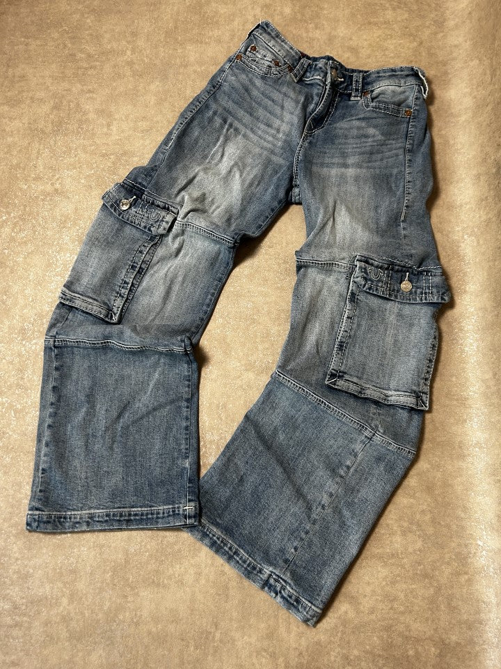 Vintage True Religion Baggy Cargo Jeans Unisex Weites Bein Hellwasch – Detailansicht
