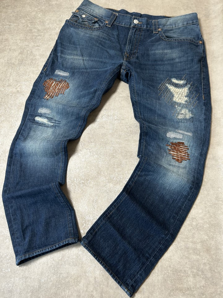 Vintage True Religion Herren-Jeans Straight Fit Distressed Marineblau – Detailansicht