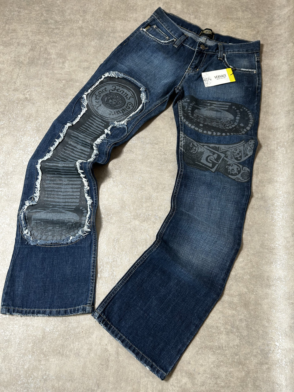 Vintage Versace Jeans Couture Damen-Jeans Bootcut Niedriger Bund Medusa Dunkelblau