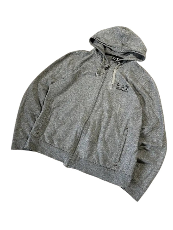 Vintage EA7 Emporio Armani Zip Hoodie Grau – Minimales Logo | Größe XL (Passt M–L)