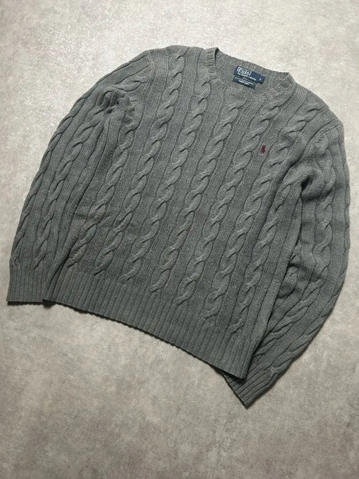 Vintage Ralph Lauren Zopfmuster Strickpullover Olivgrün Kaschmir Mischung – L