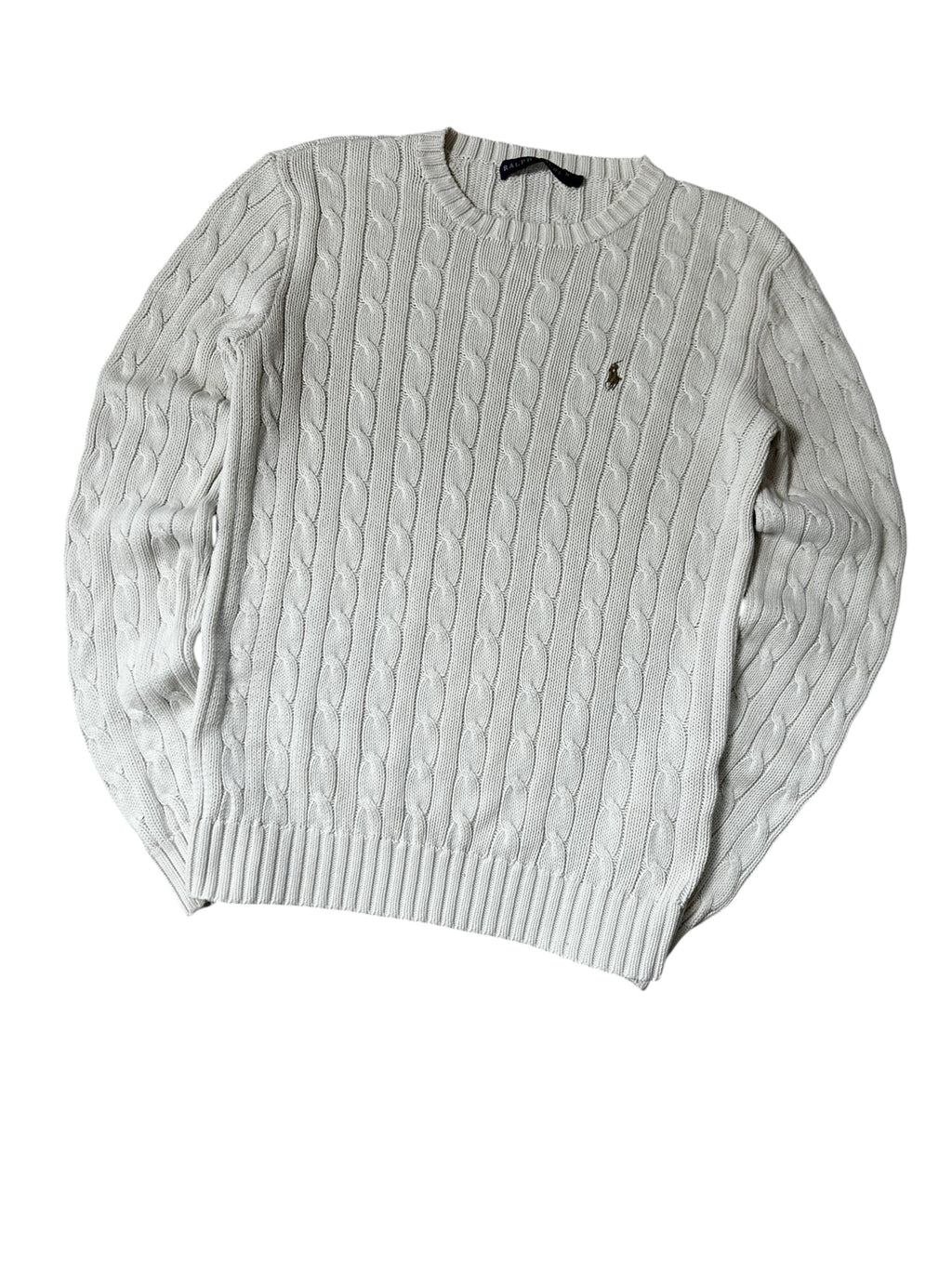 Vintage Polo Ralph Lauren Damen Zopfmuster-Strickpullover Rundhals Weiß Goldenes Pony
