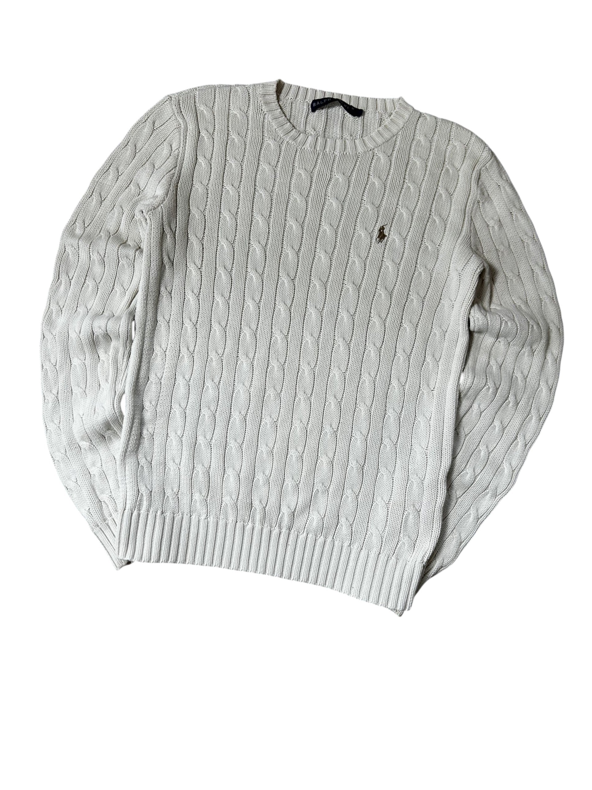 Vintage Polo Ralph Lauren Damen Zopfmuster-Strickpullover Rundhals Weiß Goldenes Pony
