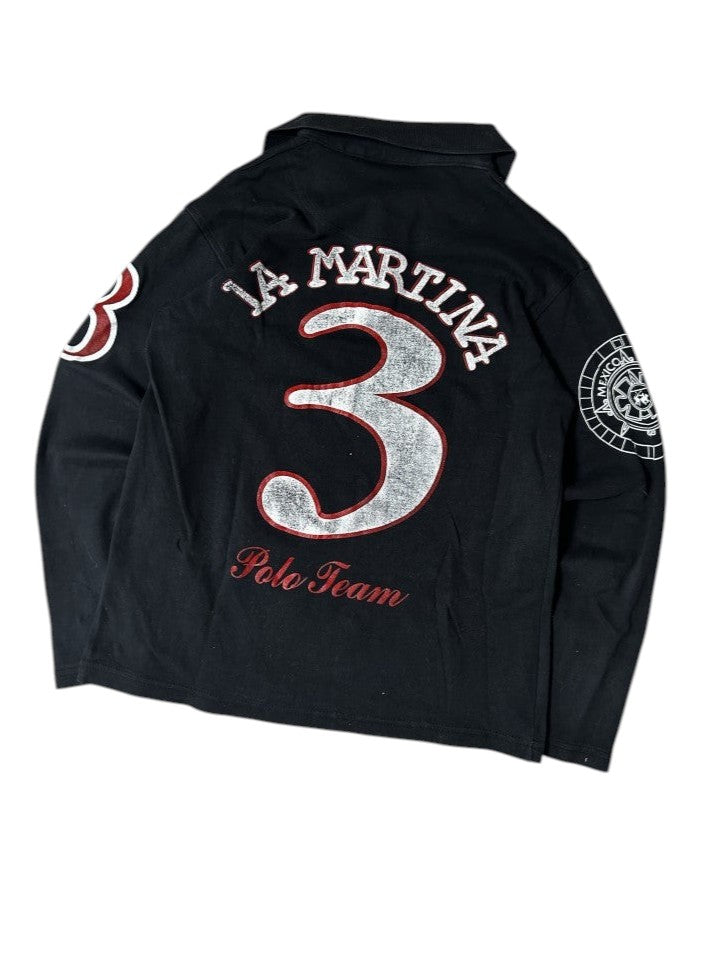 Vintage La Martina x Porsche Herren Polo Longsleeve Polo Mannschaft Team Jersey Schwarz – Detailansicht