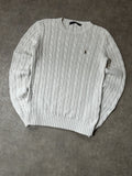 Vintage Polo Ralph Lauren Damen Zopfmuster-Strickpullover Rundhals Weiß Goldenes Pony