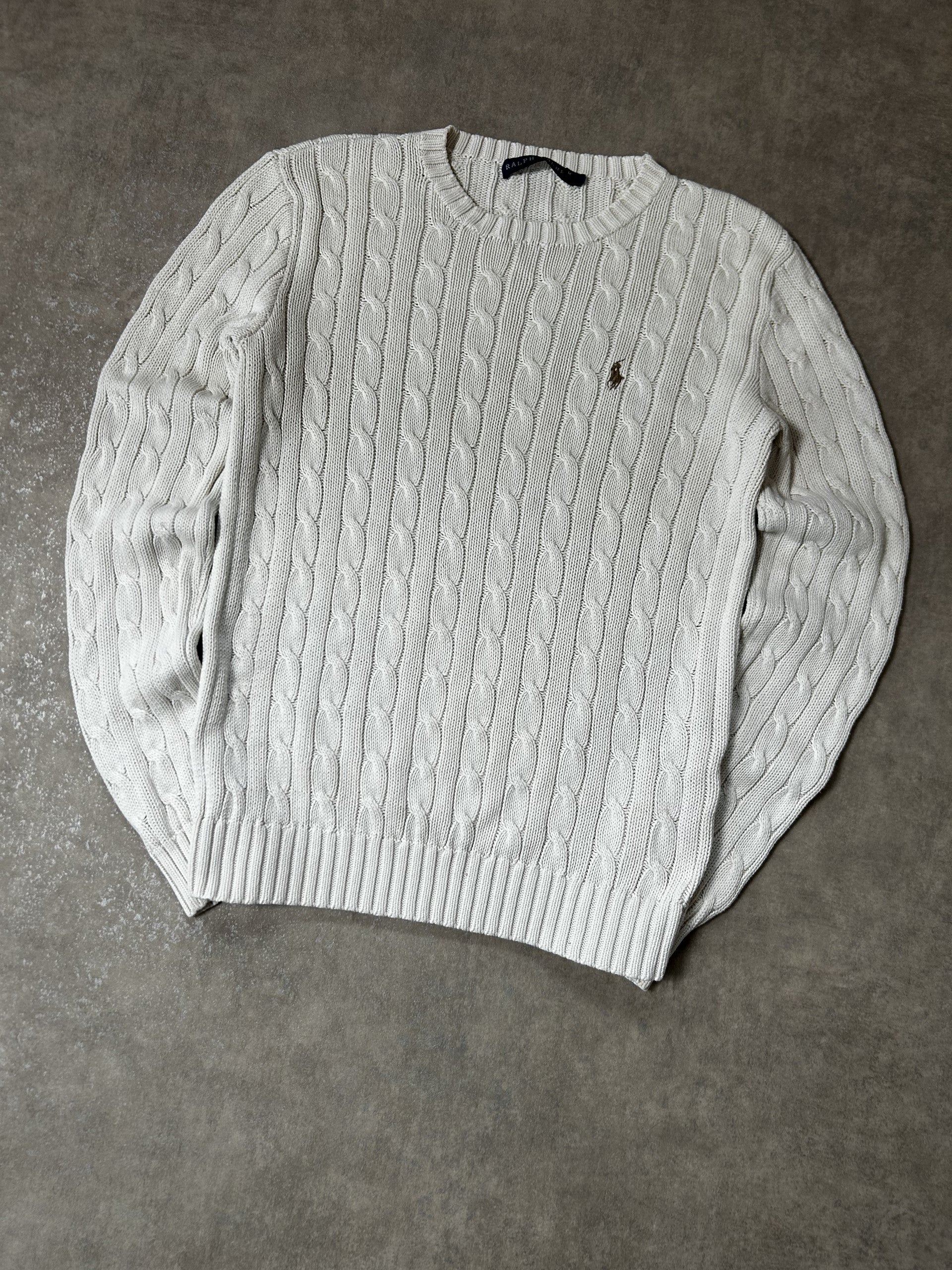 Vintage Polo Ralph Lauren Damen Zopfmuster-Strickpullover Rundhals Weiß Goldenes Pony