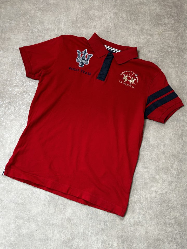 Vintage La Martina x Maserati Herren Poloshirt – Slim Fit Rot Dreizack Edition | Moda de Clase