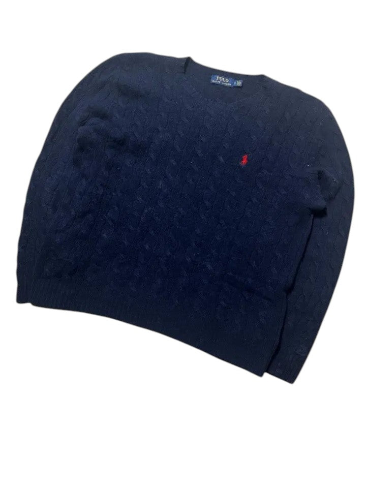 Vintage Ralph Lauren Zopfmuster Strickpullover Marineblau Wolle Kaschmir – L