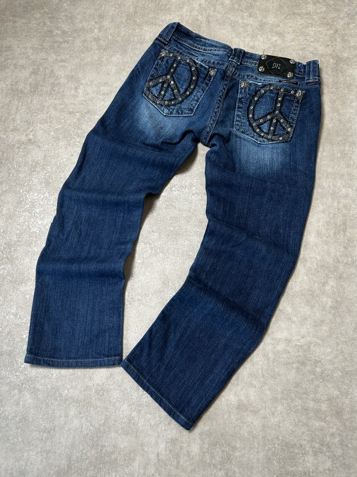 Vintage Miss Me Damen-Jeans Straight Fit Peace Crystal Marineblau