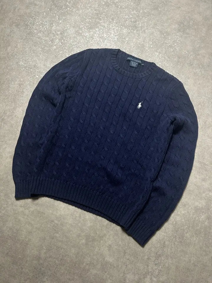 Vintage Ralph Lauren Zopfmuster Strickpullover Marineblau Weiß Pony Logo – M