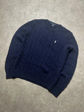 Vintage Ralph Lauren Zopfmuster Strickpullover Marineblau Weiß Pony Logo – M