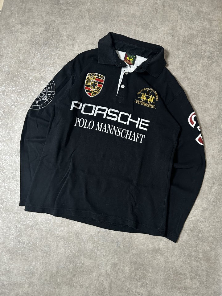 Vintage La Martina x Porsche Herren Polo Longsleeve Polo Mannschaft Team Jersey Schwarz