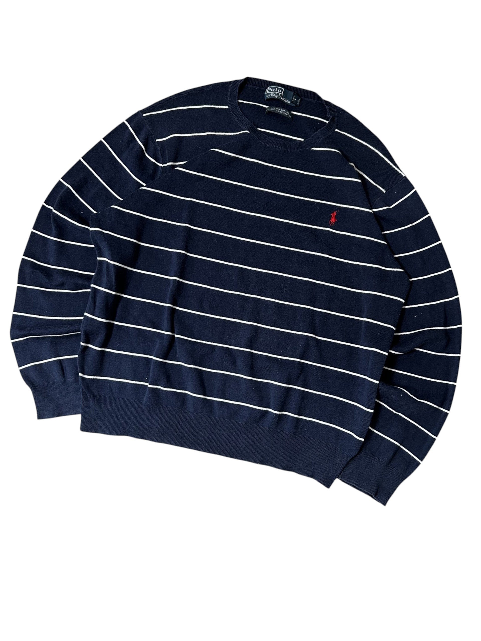 Vintage Polo Ralph Lauren Herren Strickpullover Rundhals Breton Streifen Marineblau Weiß