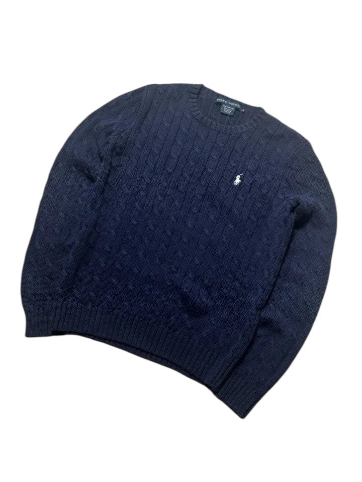 Vintage Ralph Lauren Zopfmuster Strickpullover Marineblau Weiß Pony Logo – M