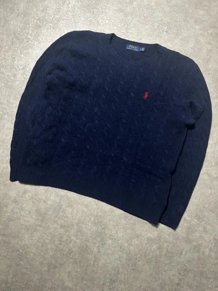 Vintage Ralph Lauren Zopfmuster Strickpullover Marineblau Wolle Kaschmir – L