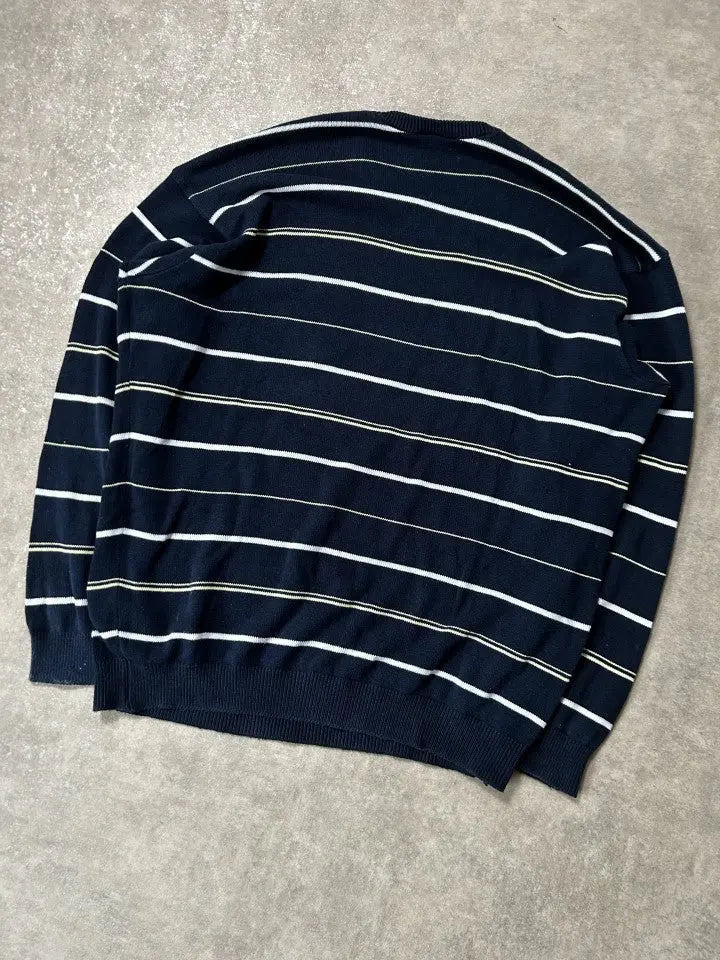 Vintage Lacoste Strickpullover Marineblau Gelb/Weiß Streifen – L – Detailansicht