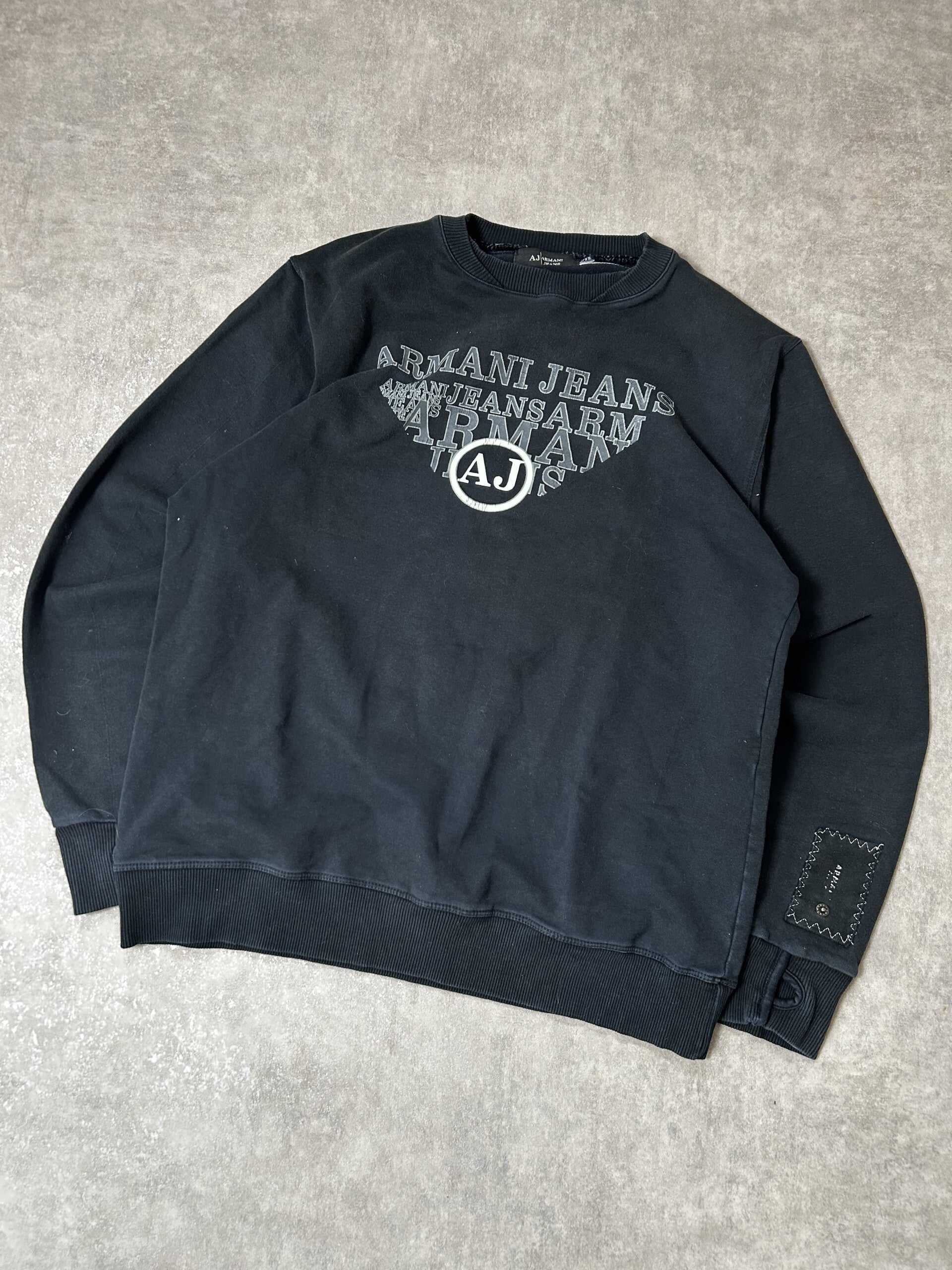Vintage Armani Jeans Herren Sweatshirt Rundhals AJ Dreieck-Logo Druck Schwarz