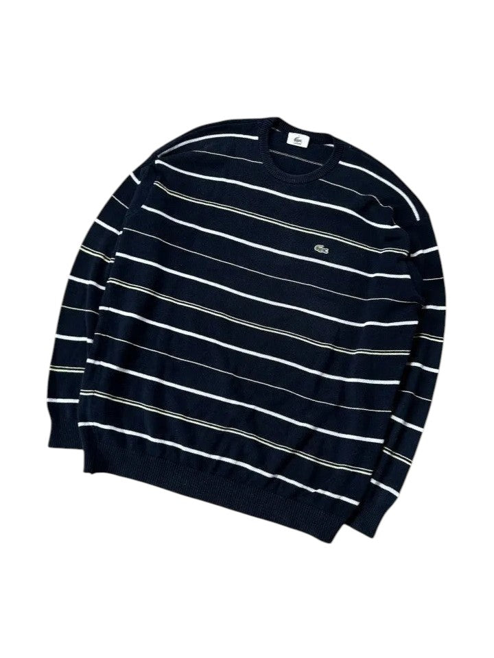Vintage Lacoste Strickpullover Marineblau Gelb/Weiß Streifen – L