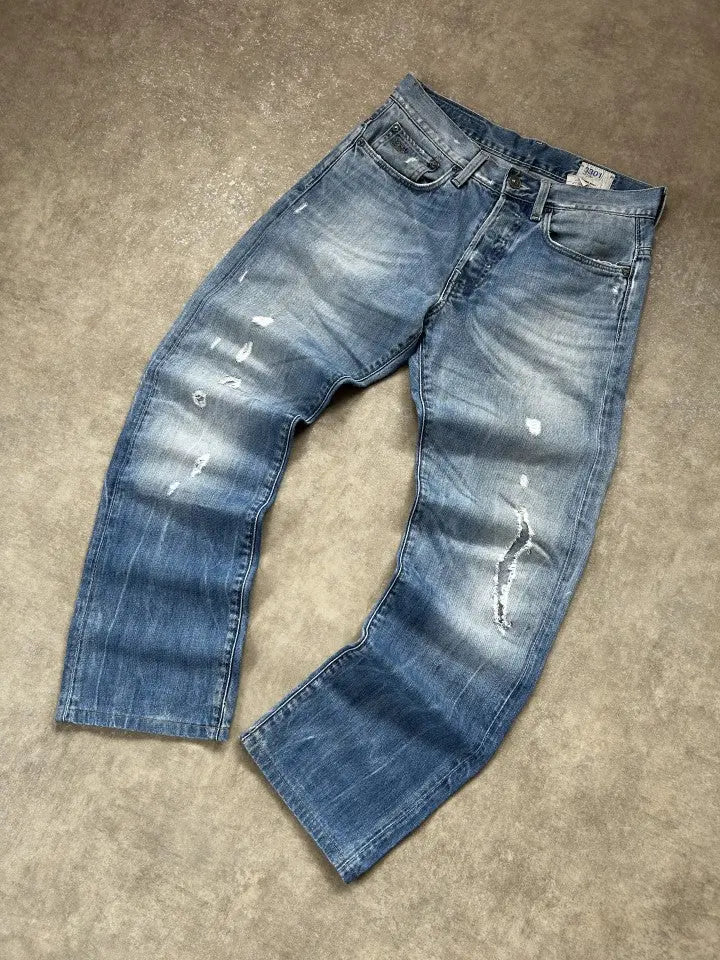 Vintage G-Star RAW 3301 Herren-Jeans Straight Fit Hellblau Ripped – S