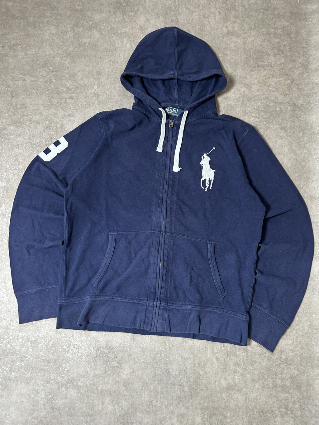 Vintage Polo Ralph Lauren Herren Big Pony Zip Hoodie Vollreißverschluss Marineblau Sommergewicht