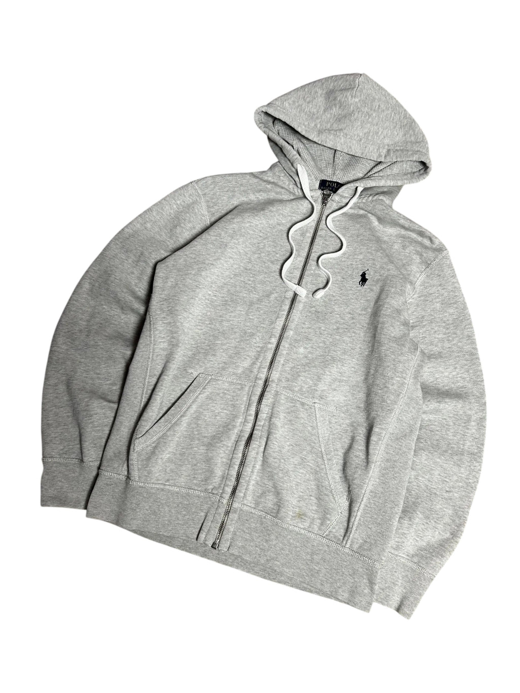 Vintage Polo Ralph Lauren Zip Hoodie Grau – Marineblau Pony Rider | Größe M