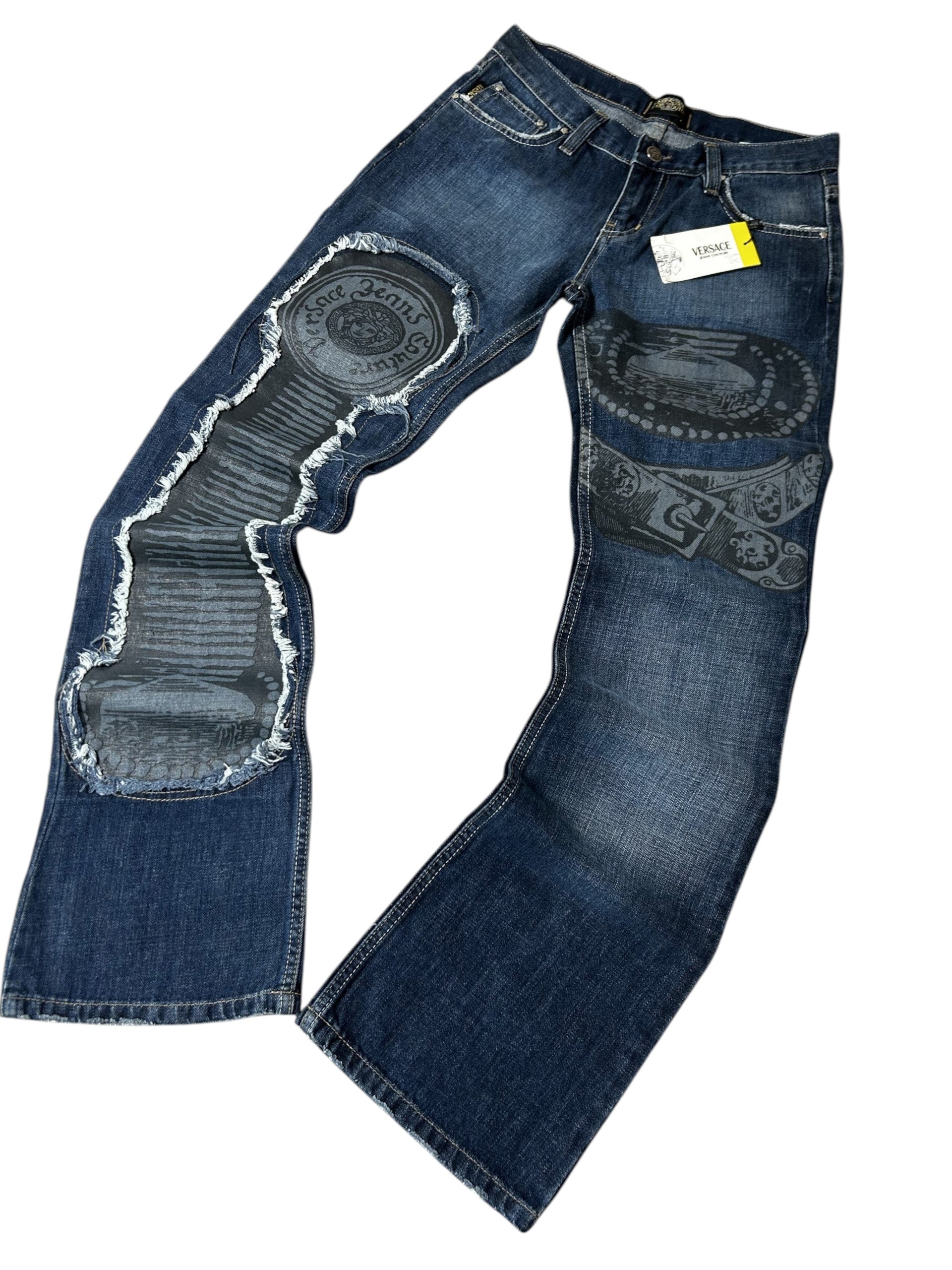 Vintage Versace Jeans Couture Damen-Jeans Bootcut Niedriger Bund Medusa Dunkelblau