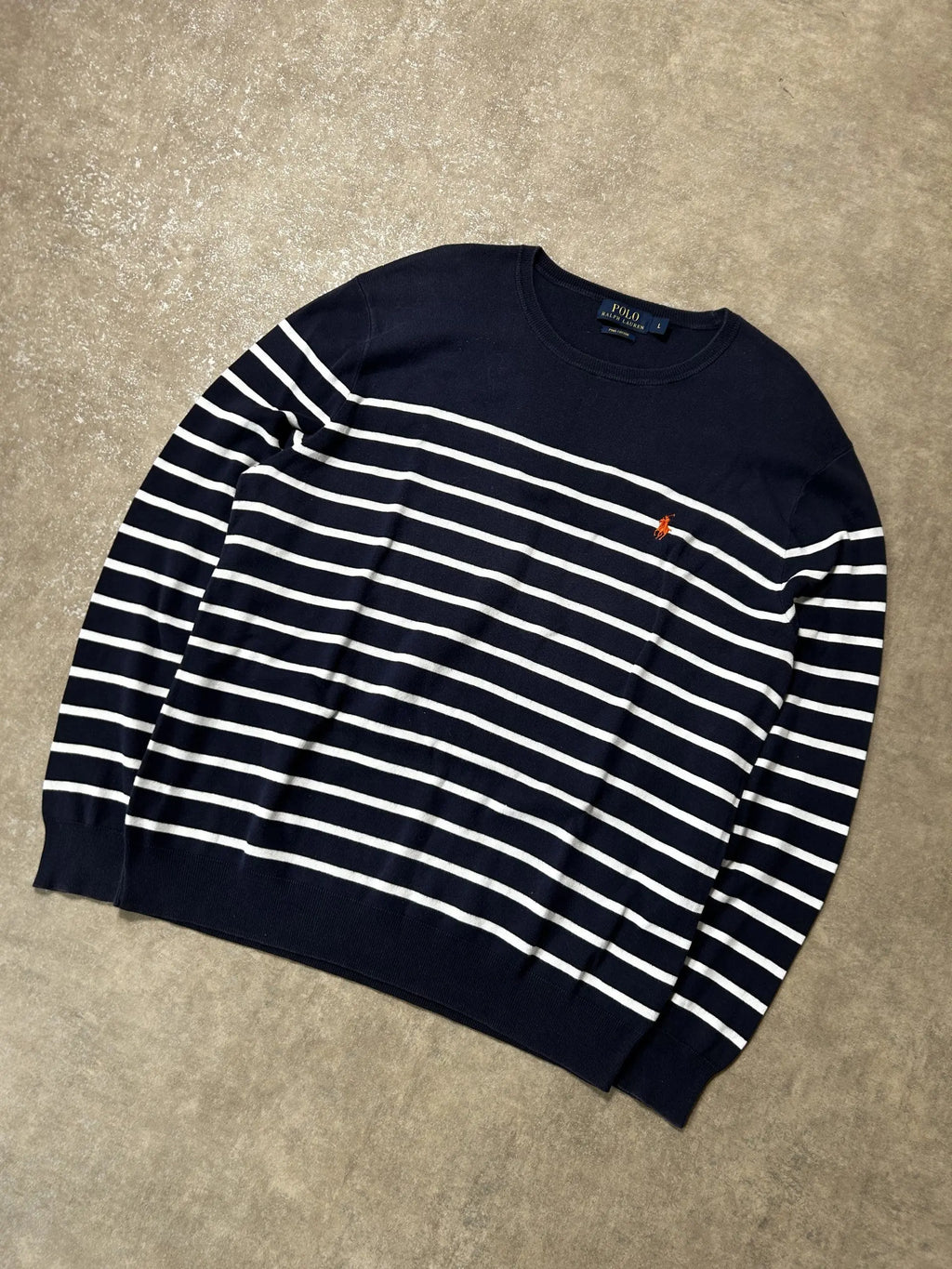Vintage Ralph Lauren Leichter Pullover Marineblau Weiß Streifen – L