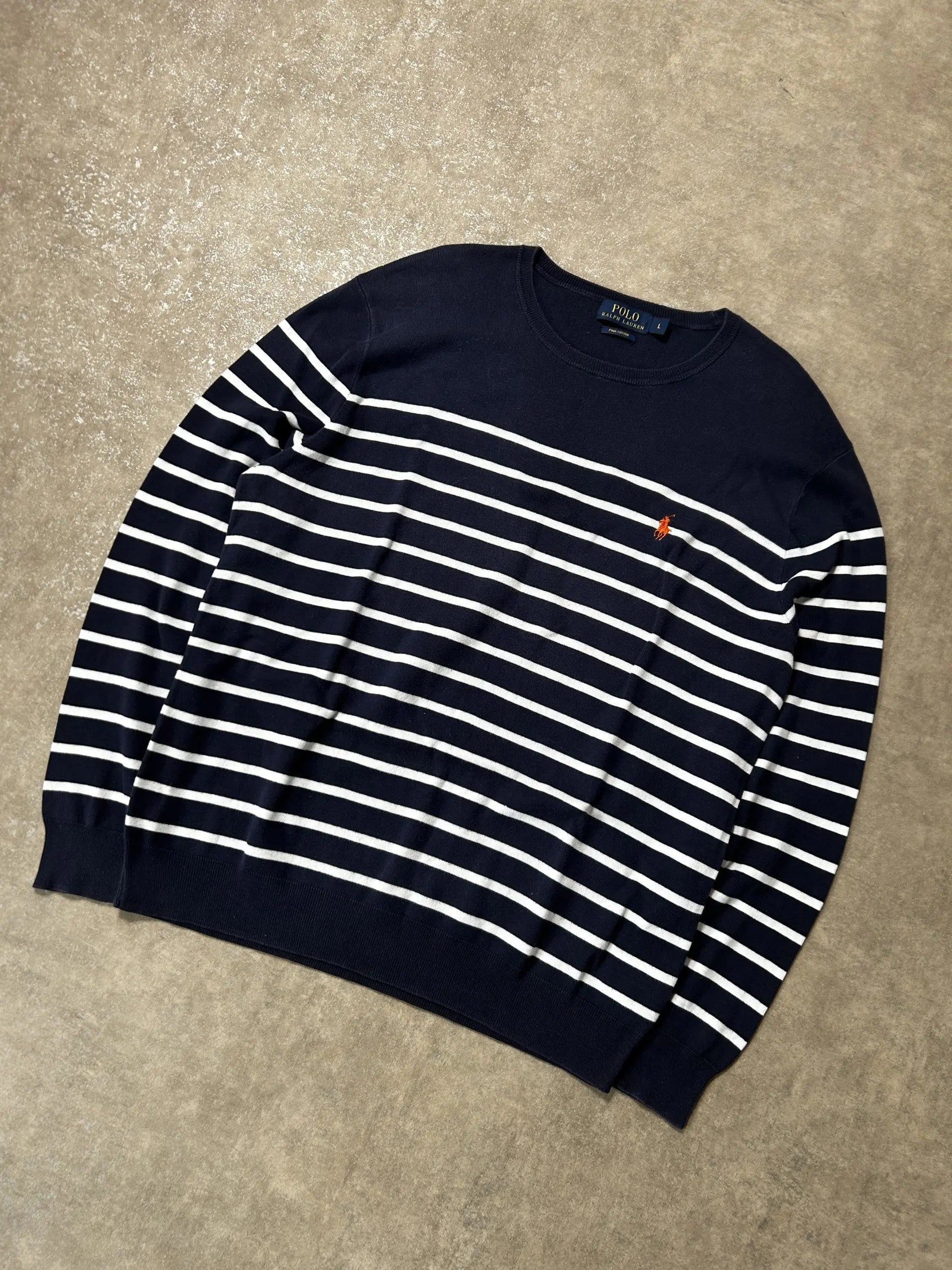 Vintage Ralph Lauren Leichter Pullover Marineblau Weiß Streifen – L