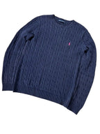 Vintage Ralph Lauren Zopfmuster Strickpullover Marineblau Rosa Logo Klassisch – L