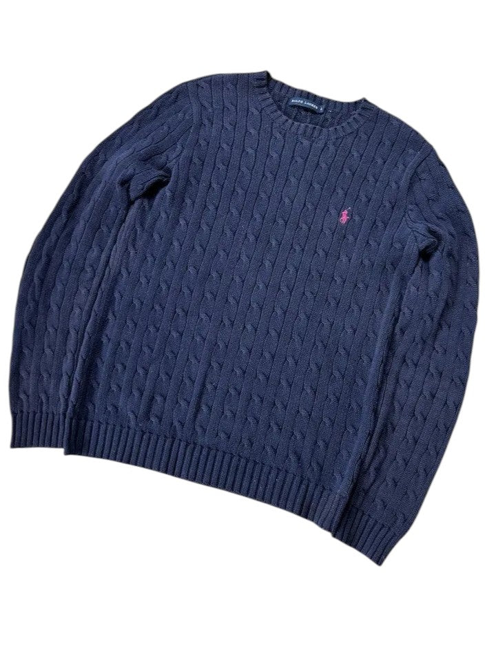 Vintage Ralph Lauren Zopfmuster Strickpullover Marineblau Rosa Logo Klassisch – L
