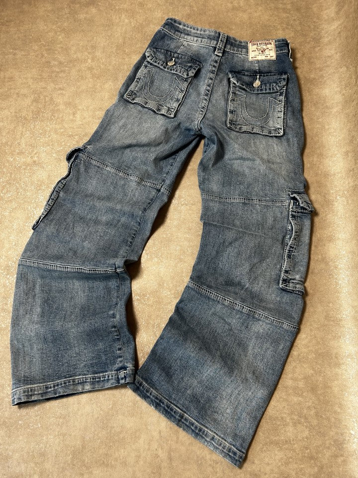 Vintage True Religion Baggy Cargo Jeans Unisex Weites Bein Hellwasch