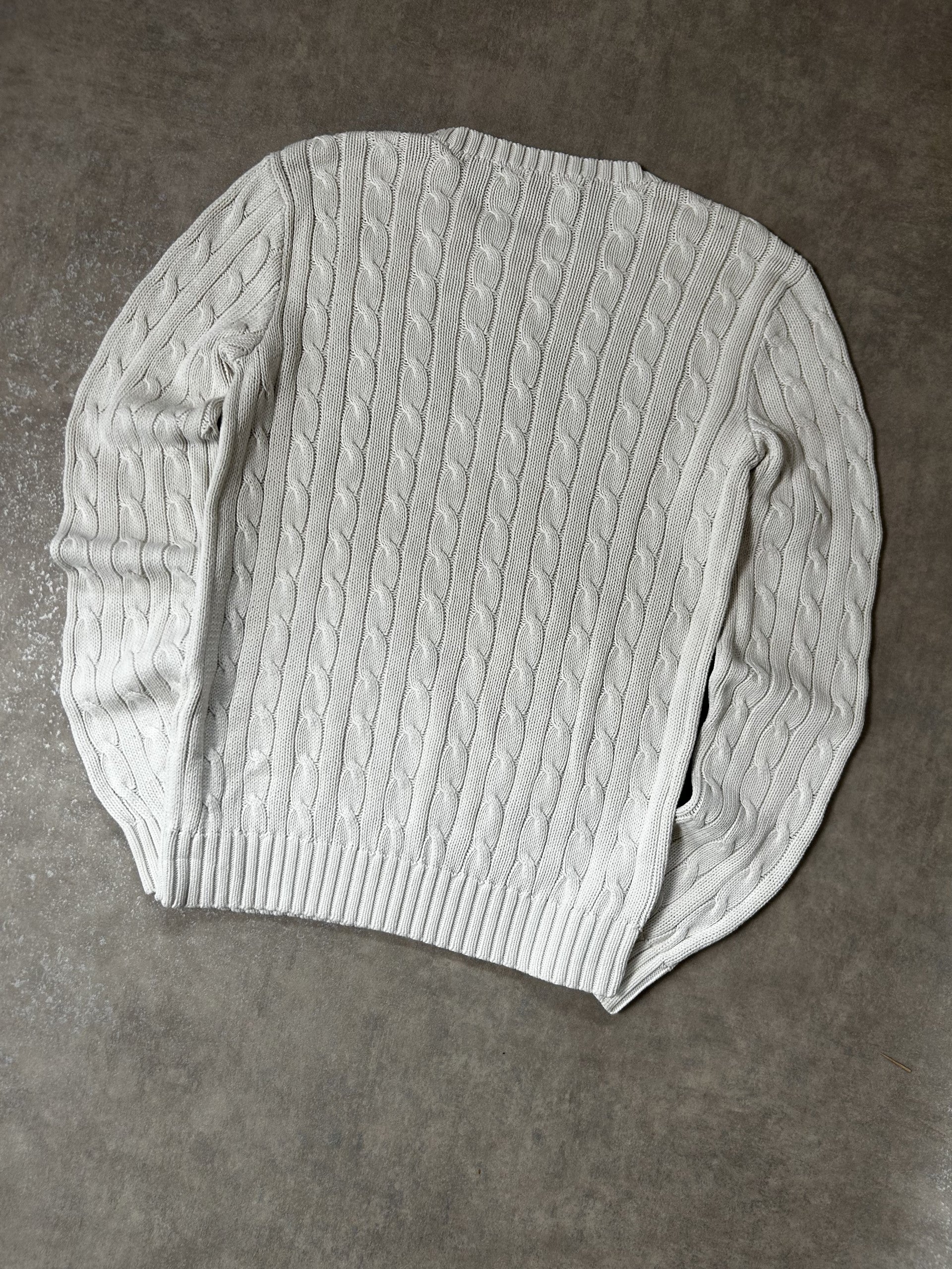 Vintage Polo Ralph Lauren Damen Zopfmuster-Strickpullover Rundhals Weiß Goldenes Pony – Detailansicht