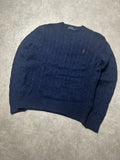 Vintage Ralph Lauren Zopfmuster Strickpullover Marineblau Rot Pony Logo – S