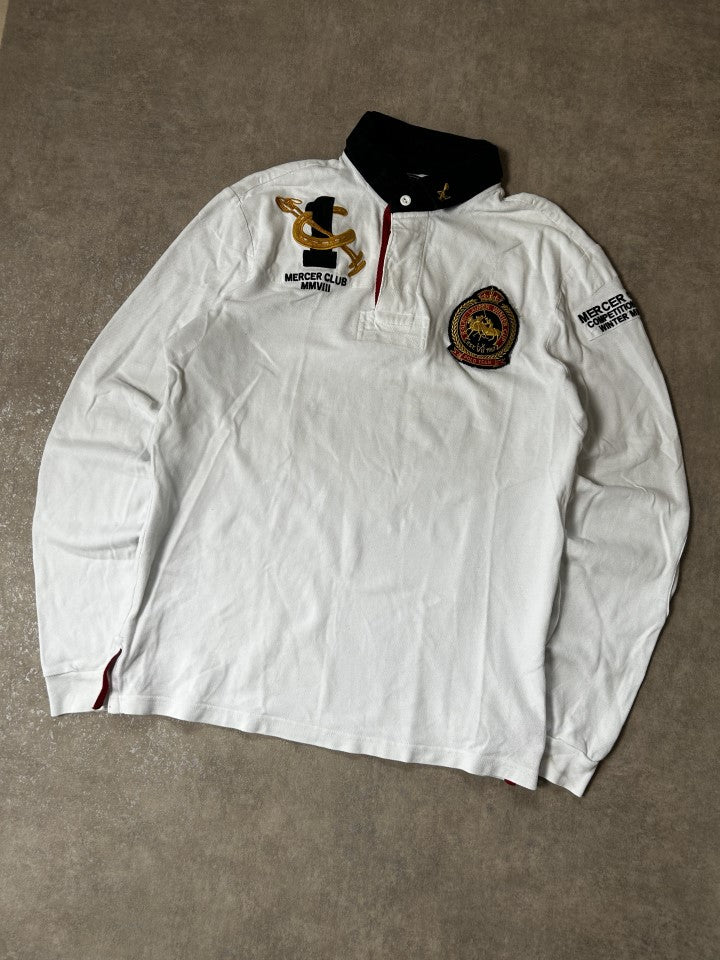 Vintage Polo Ralph Lauren Herren Rugby Polo Mercer Club MMVIII Langarm Weiß