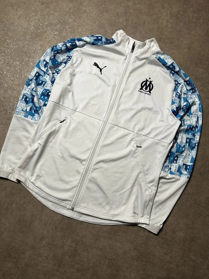 Vintage Puma Olympique Marseille Trainingsjacke Weiß – Blauer Musterdetail | Größe XL