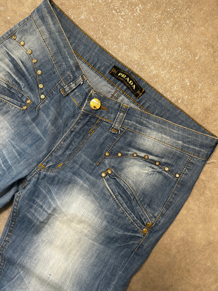 Vintage Prada Damen Straight Fit Jeans – Art. B.211 2008 Kristall-Nieten Gold Medium Blue W31 | Moda de Clase