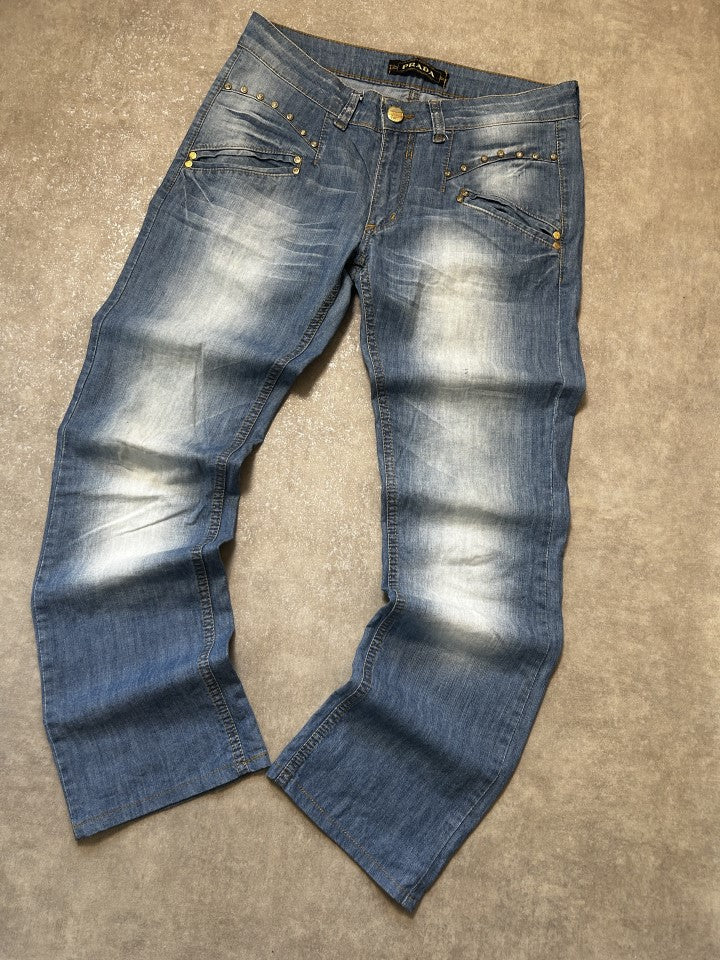 Vintage Prada Damen Straight Fit Jeans – Art. B.211 2008 Kristall-Nieten Gold Medium Blue W31 | Moda de Clase
