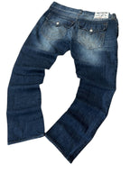 modadeclase True Religion Jeans in Navyblau mit Distressed-Optik, geradem Schnitt und ikonischen Hufeisen-Taschen
